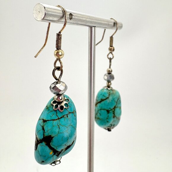 Silver Tone Turquoise Nugget Dangle Earrings Size 2.5" Length - Picture 1 of 10